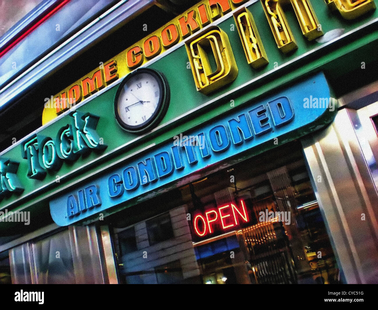 HDR dell'iconico Tick Tock Diner su 34th Street, Manhattan, New York City. Foto Stock