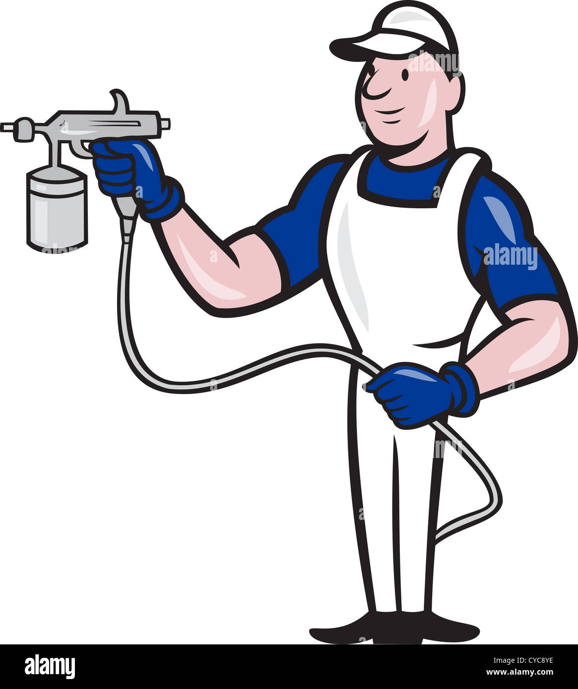 Illustrazione del pittore a spruzzo con vernice spray gun fatto in stile cartoon isolato su sfondo bianco. Foto Stock
