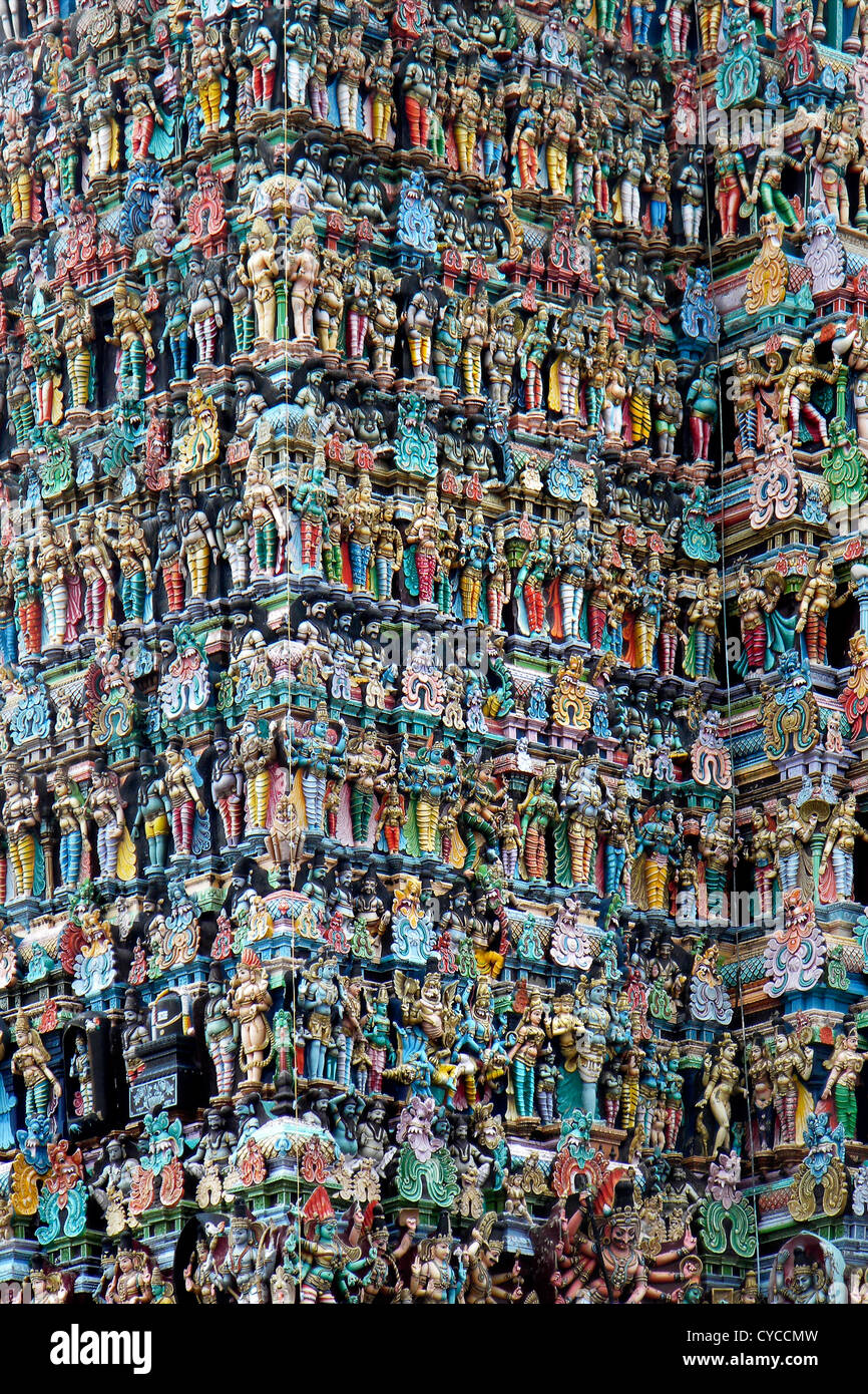 India, nello Stato del Tamil Nadu, Madurai, Tempio di Madurai, Gopuram dettagli Foto Stock