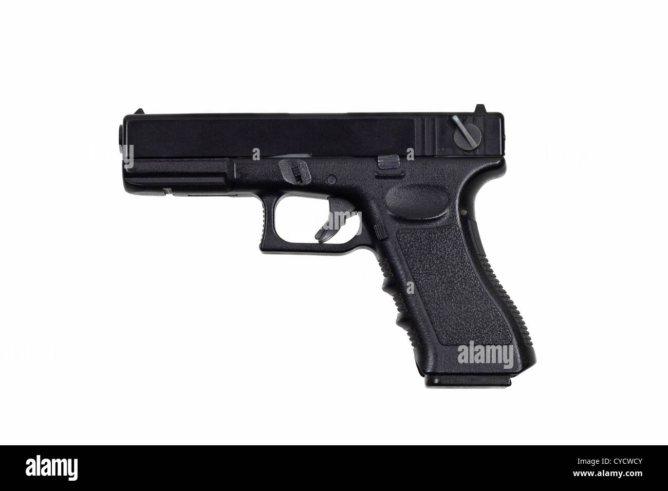 Pistola nero Glock-18 modello isolato su bianco Foto Stock