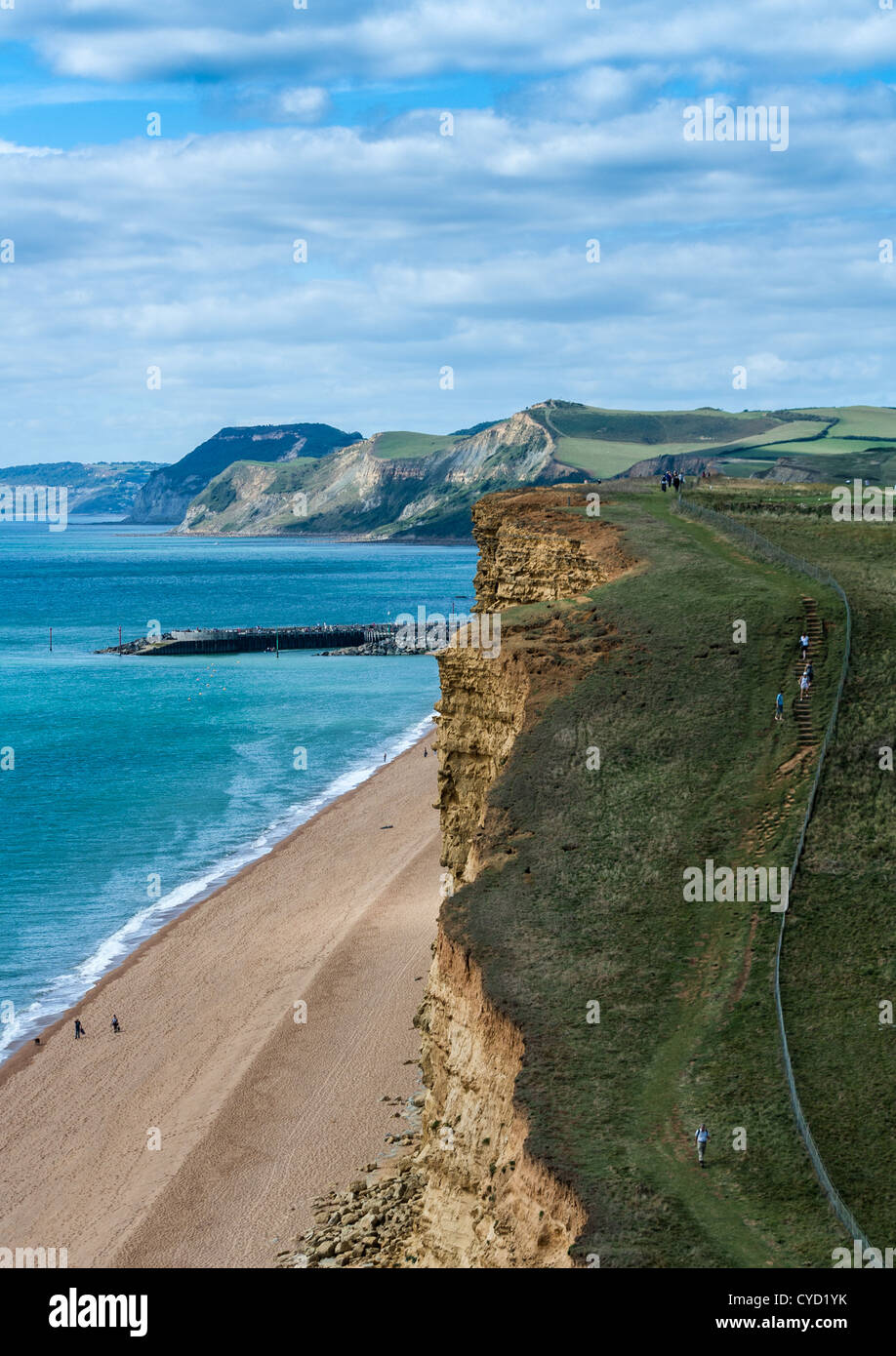 Vista su Jurassic Coast dalla spiaggia di acqua dolce guardando ad ovest verso Lyme Regis Foto Stock