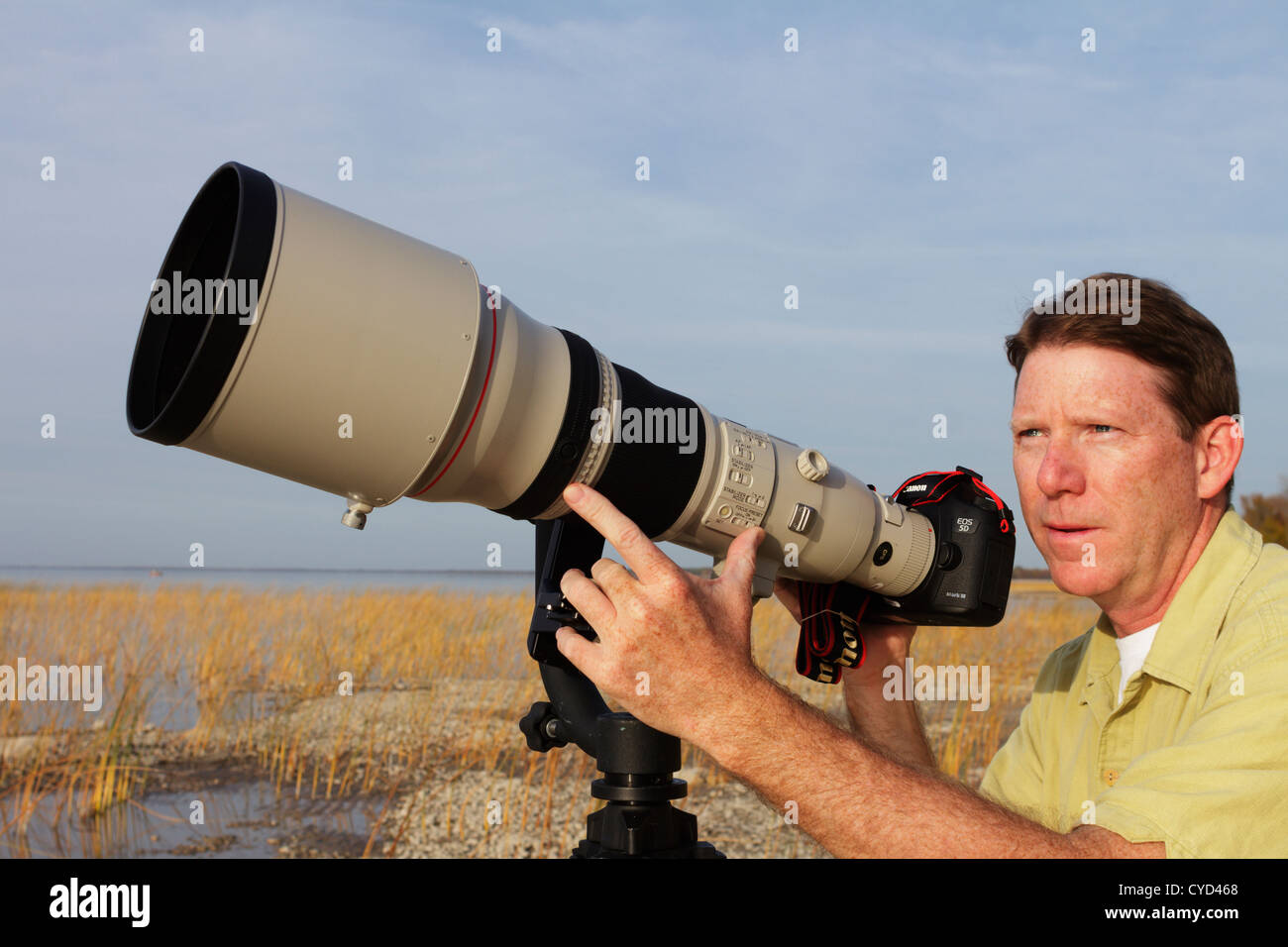 Fotografo professionista con un super teleobiettivo guardando per uccelli di fotografare. Foto Stock
