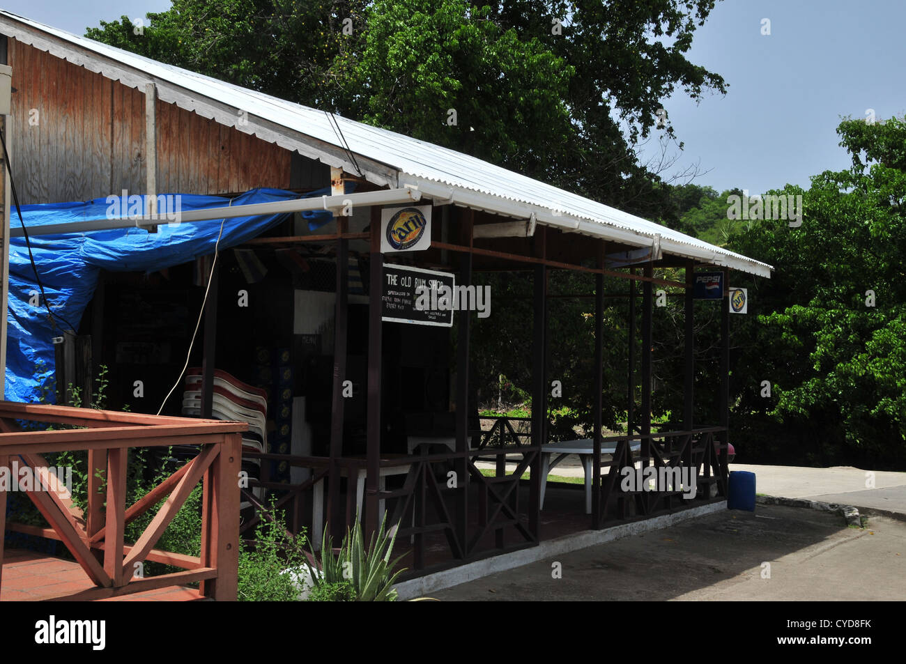 Cielo blu vista obliqua legno 'rum vecchio negozio e ristorante', al verde degli alberi, Harvey Vale, Tyrrel Bay, Carriacou, West Indies Foto Stock