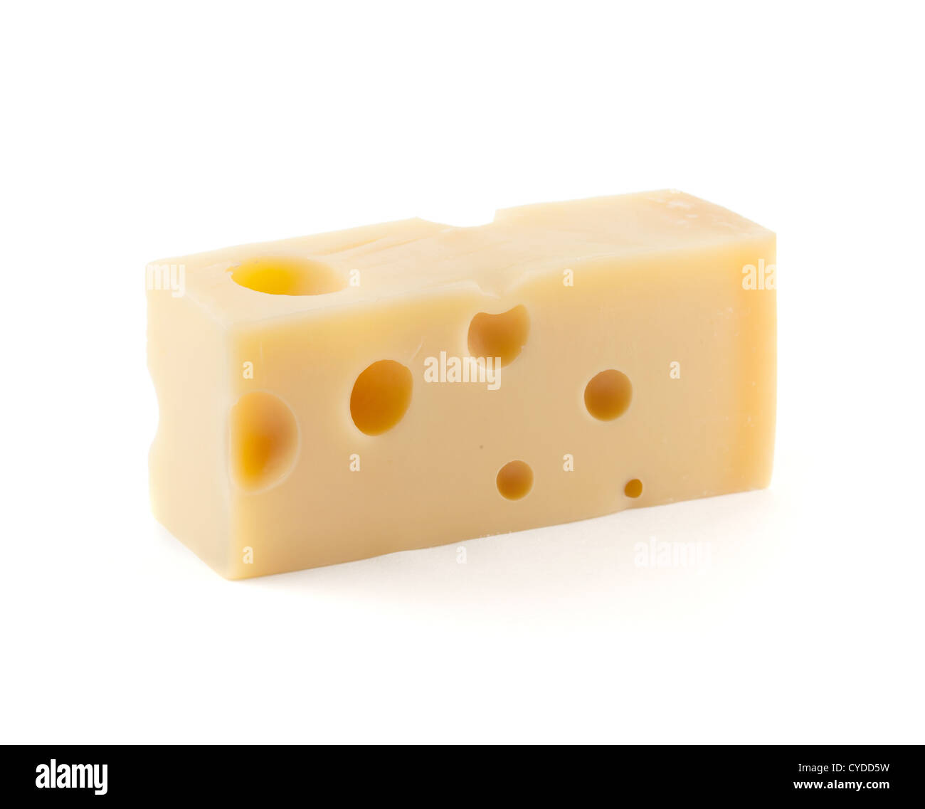 Pezzo di formaggio con fori. Isolato su bianco Foto Stock
