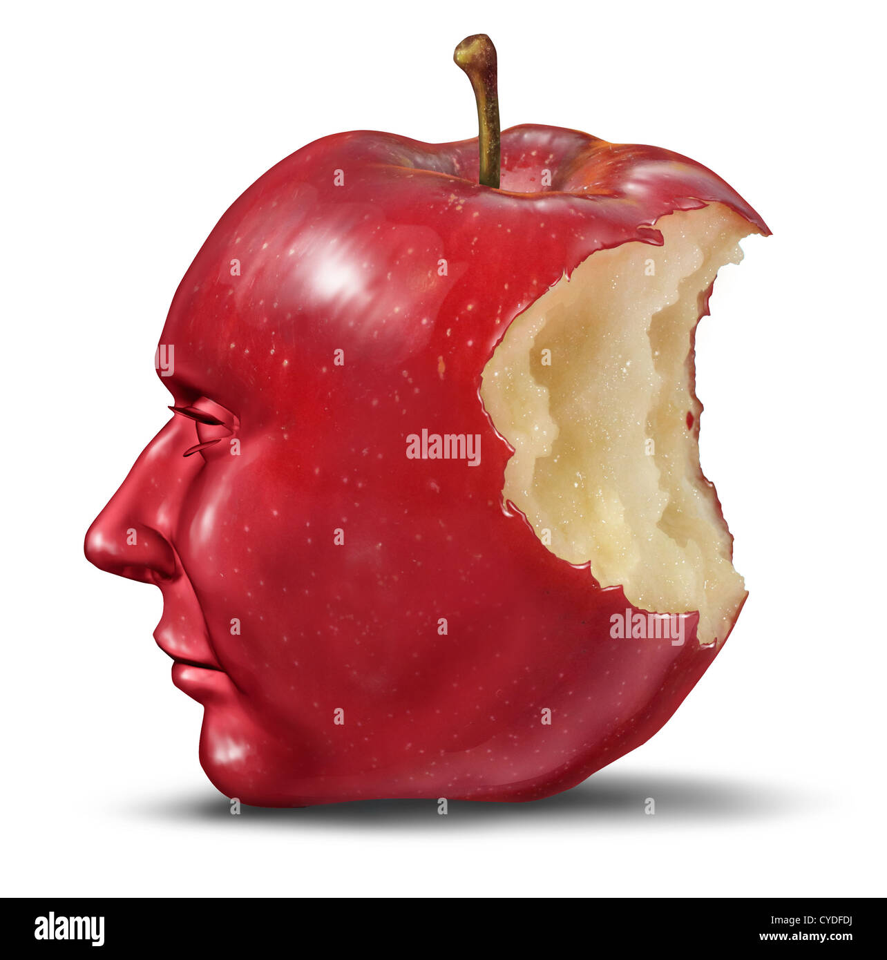 La depressione e la solitudine con testa umana nella forma di una mela con un morso mangiato il frutto rosso come una cura di salute symbo Foto Stock