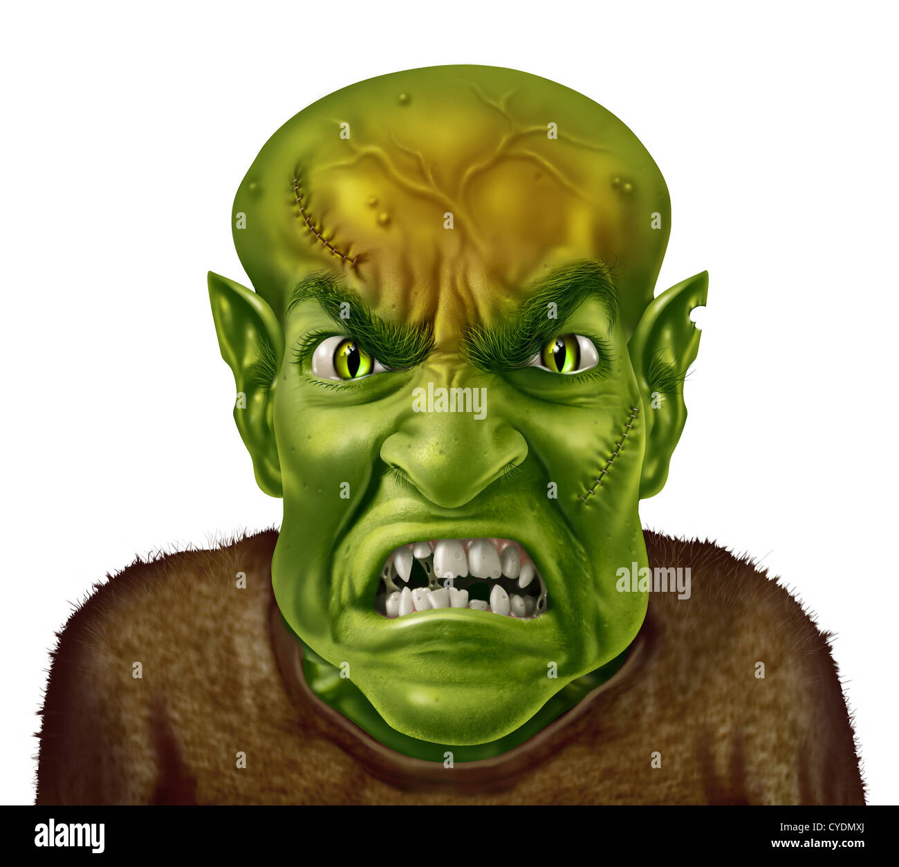 Gestione di rabbia concetto con un mostro verde faccia lo scienziato pazzo tipo di carattere urlando con un arrabbiato espressione umana expr Foto Stock