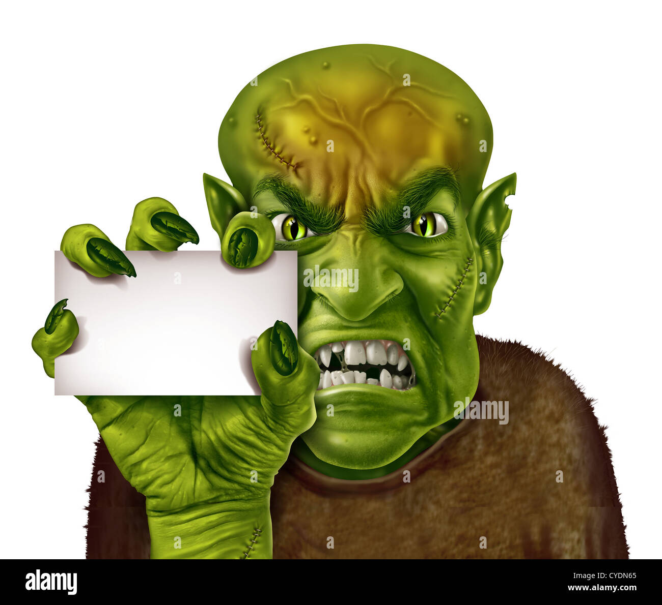 Monster tenendo un vuoto segno bianco con uno zombie o avidi uomo con un inquietante mano che tiene un annuncio carta come spooky halloween o scary simbolo con texture della pelle verde stropicciata creepy dita e punti isolati su bianco. Foto Stock