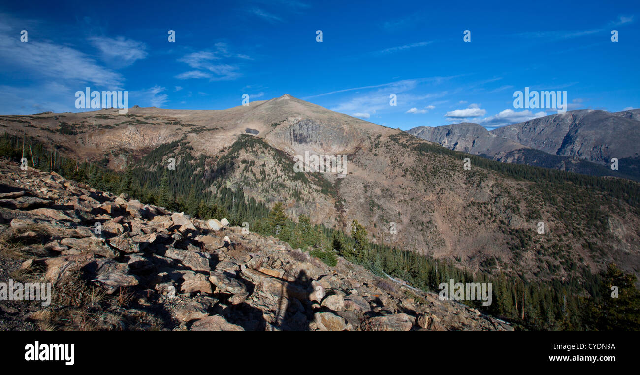 Vista dal Trail Ridge Road su un prato e picchi. Parco Nazionale delle Montagne Rocciose, Colorado. Foto Stock