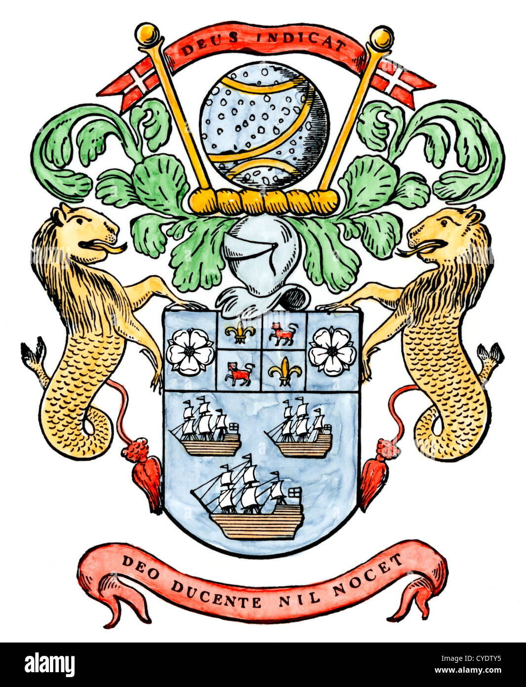 Originale stemma della British East India Company, incorporato nel 1600. Colorate a mano la xilografia Foto Stock