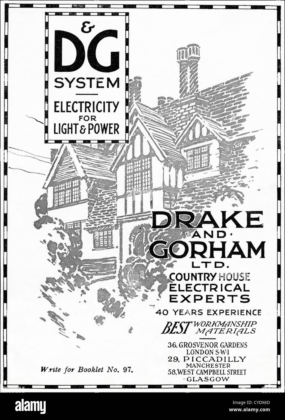 Originale 1925 stampa vintage pubblicità dalla rivista inglese pubblicità Drake & Gorham country house esperti elettrico Foto Stock