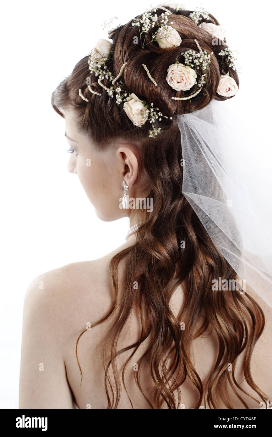 Moda Pettinatura nuziale con decorazioni floreali Foto Stock