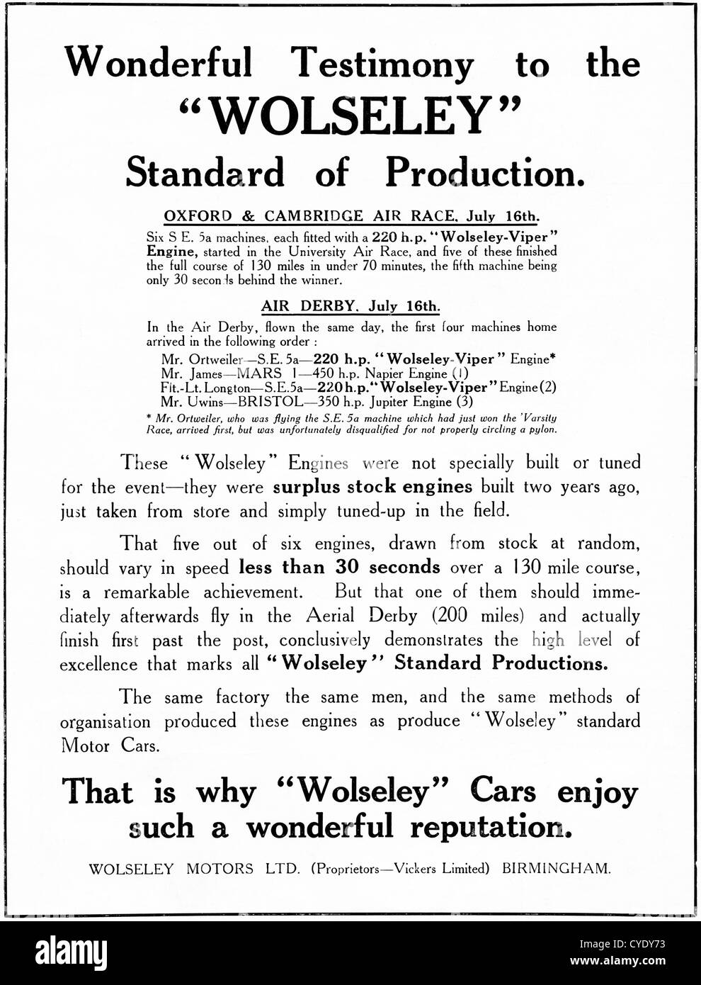 Originale vintage 1921 annuncio stampa dalla rivista inglese pubblicità Wolseley auto e motori aero Foto Stock