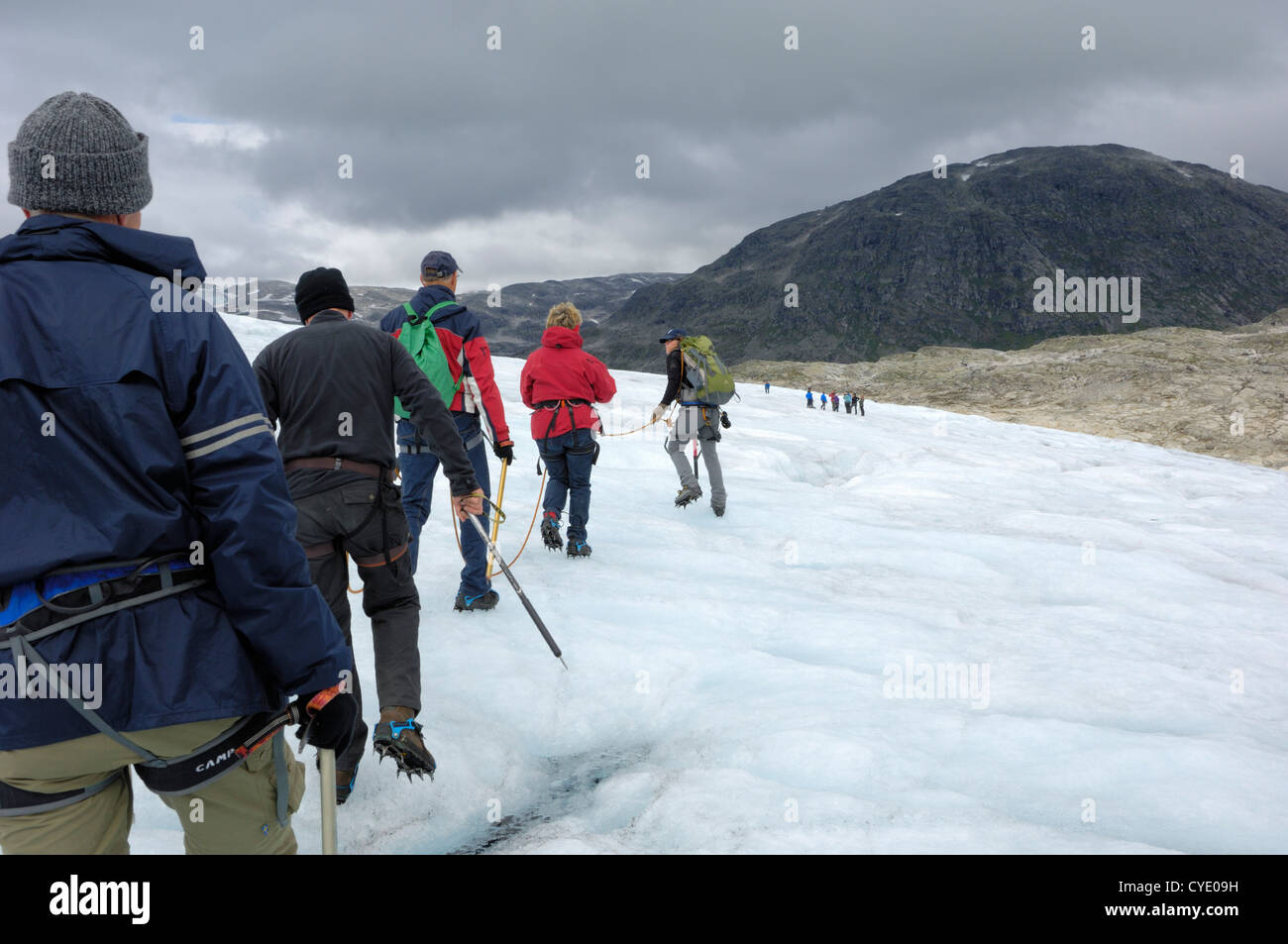Escursione sul ghiacciaio, Austdalsbreen ghiacciaio Jostedalsbreen icecap, Sogn og Fjordane, Norvegia Foto Stock