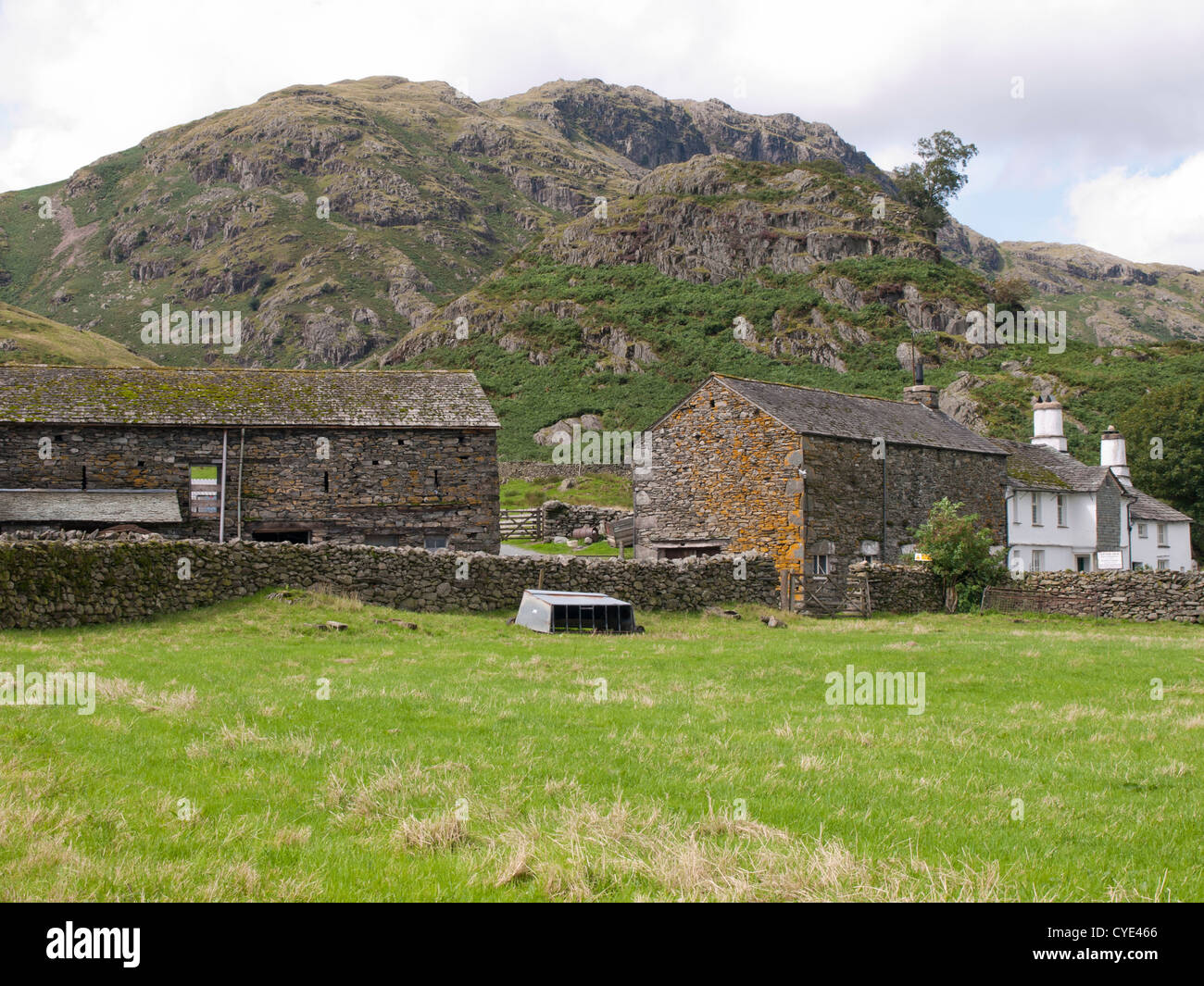 Caduto il piede farm in Lake District Inghilterra può essere visto dal passaggio percorso escursionistico Foto Stock