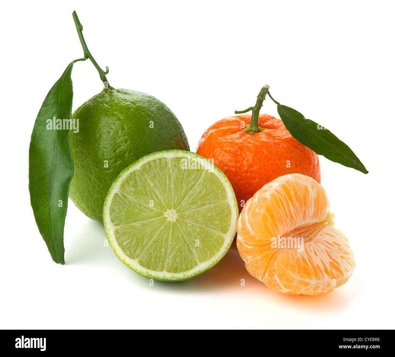 I tigli e mandarini. Isolato su sfondo bianco Foto Stock
