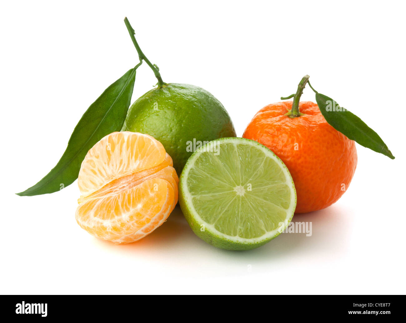 I tigli e mandarini. Isolato su sfondo bianco Foto Stock