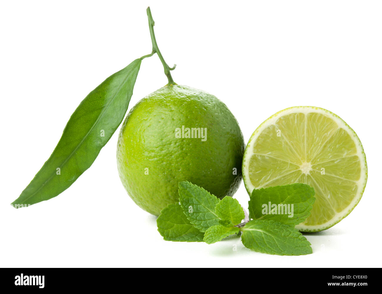 Mature calce con foglia verde e menta. Isolato su bianco Foto Stock