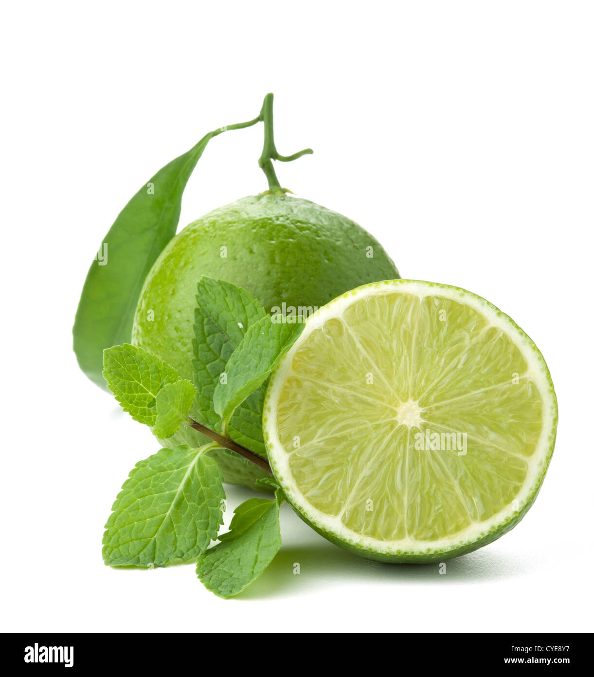 Mature calce con foglia verde e menta. Isolato su bianco Foto Stock