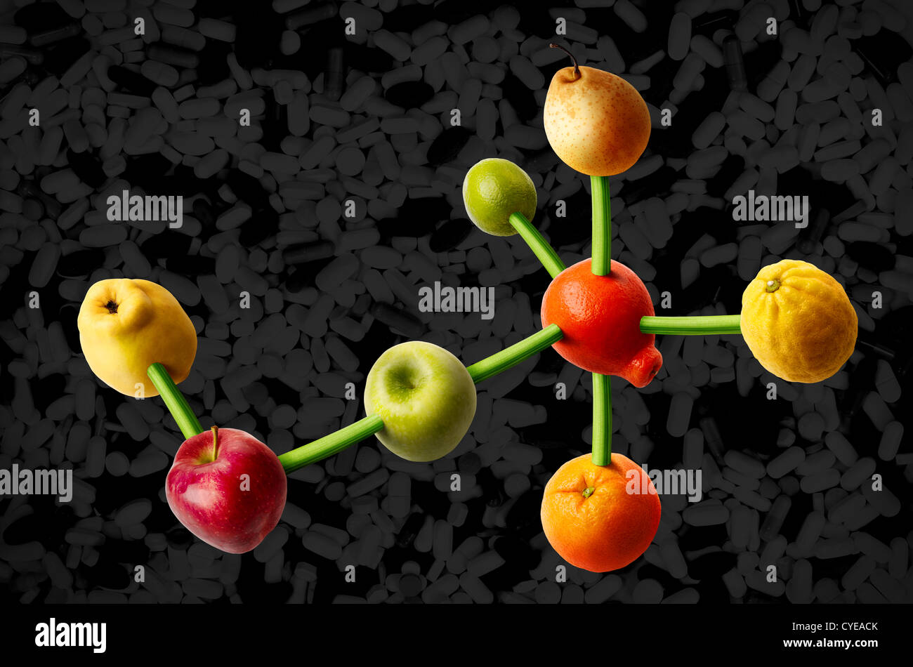 Collegate i frutti a forma di struttura molecolare. Concetto di vitamine dieta. Foto Stock