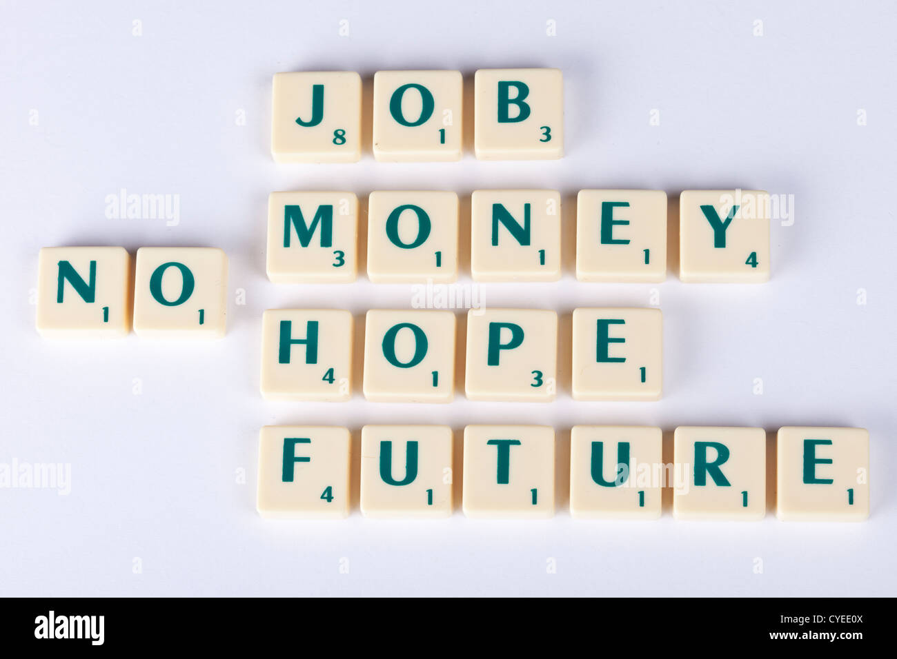 'Nessun lavoro denaro speranza futuro' concetto simbolico illustrazione. Foto Stock