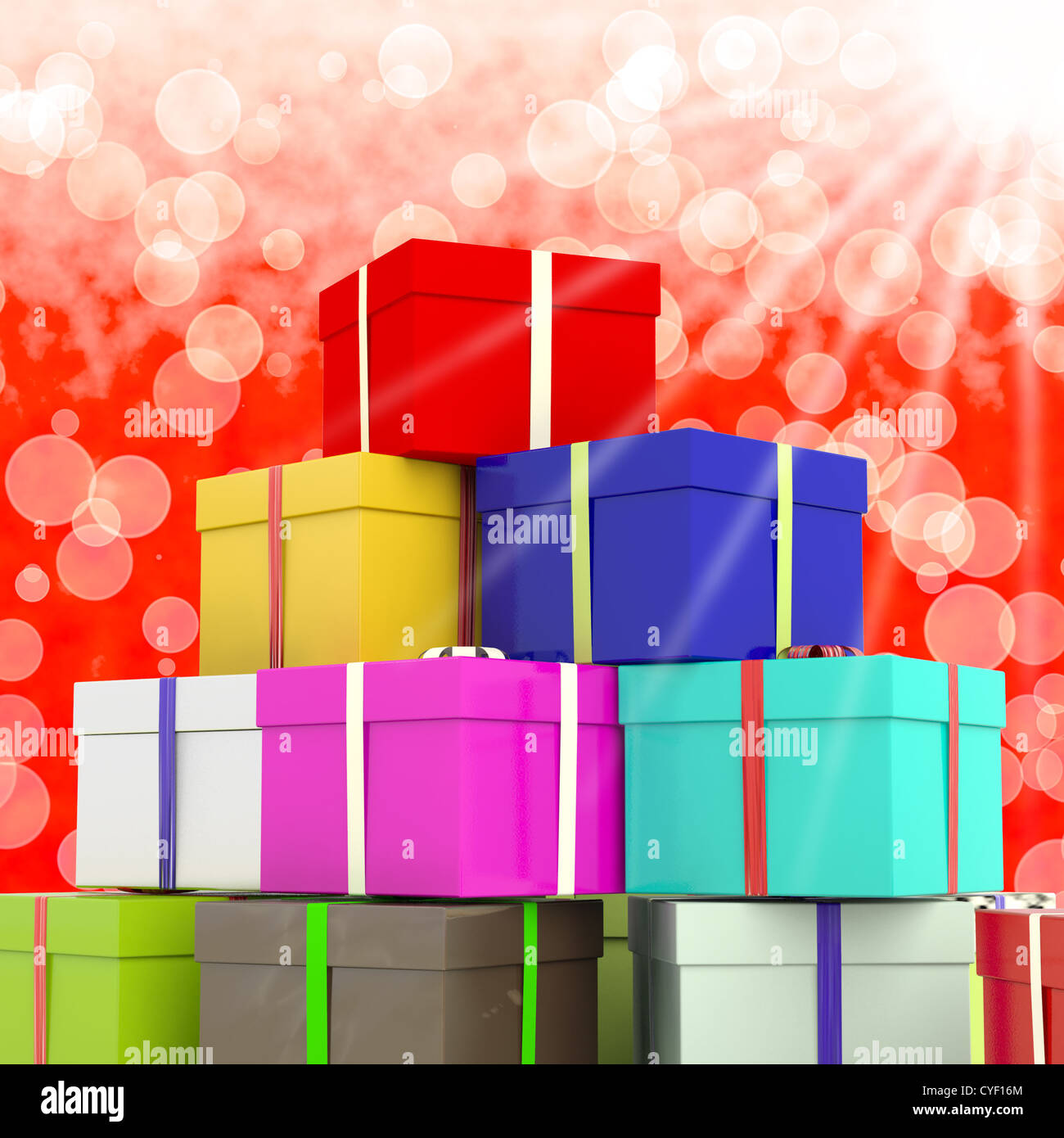 Giftboxes multicolori con sfondo bokeh di fondo come presenta per la famiglia Foto Stock