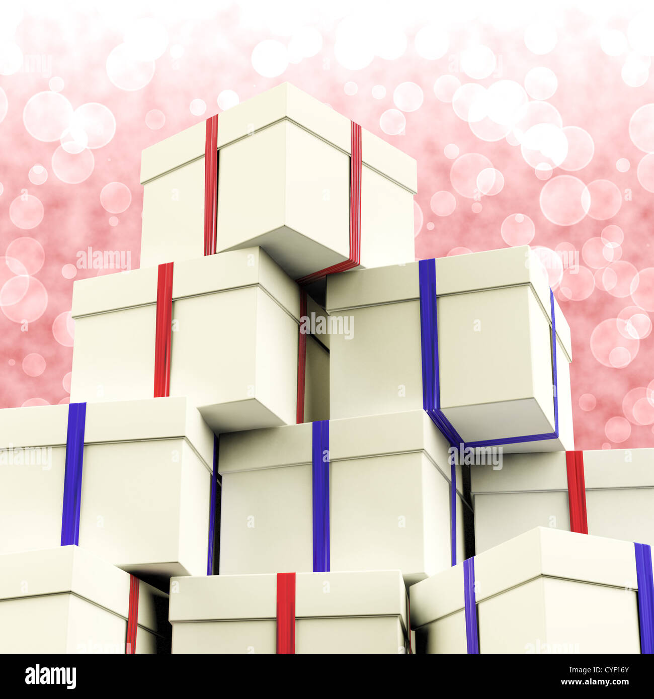 Pila di Giftboxes con sfondo bokeh di fondo come presenta per la famiglia Foto Stock