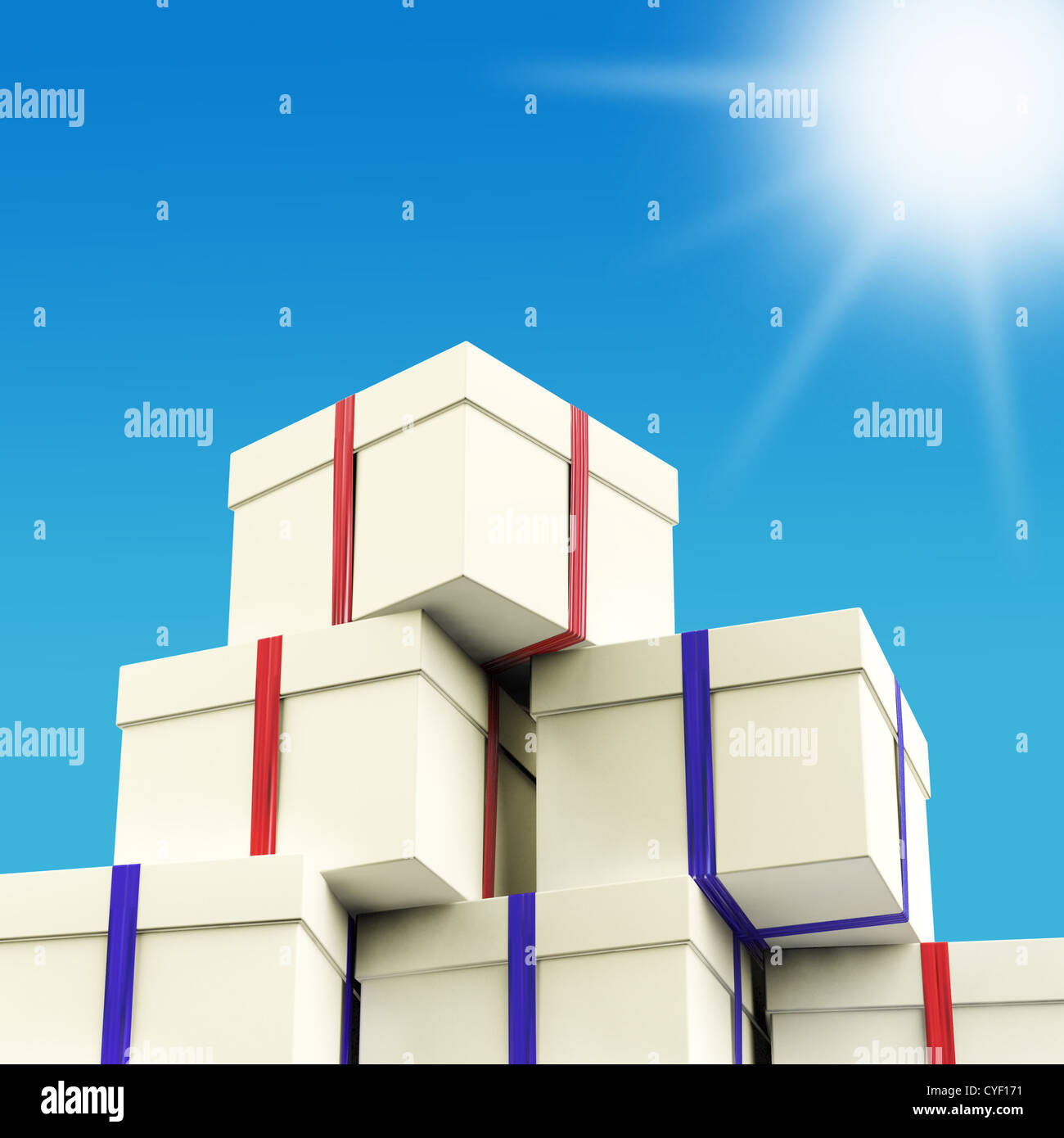 Pila di Giftboxes con sole e cielo come sfondo presenta per la famiglia Foto Stock