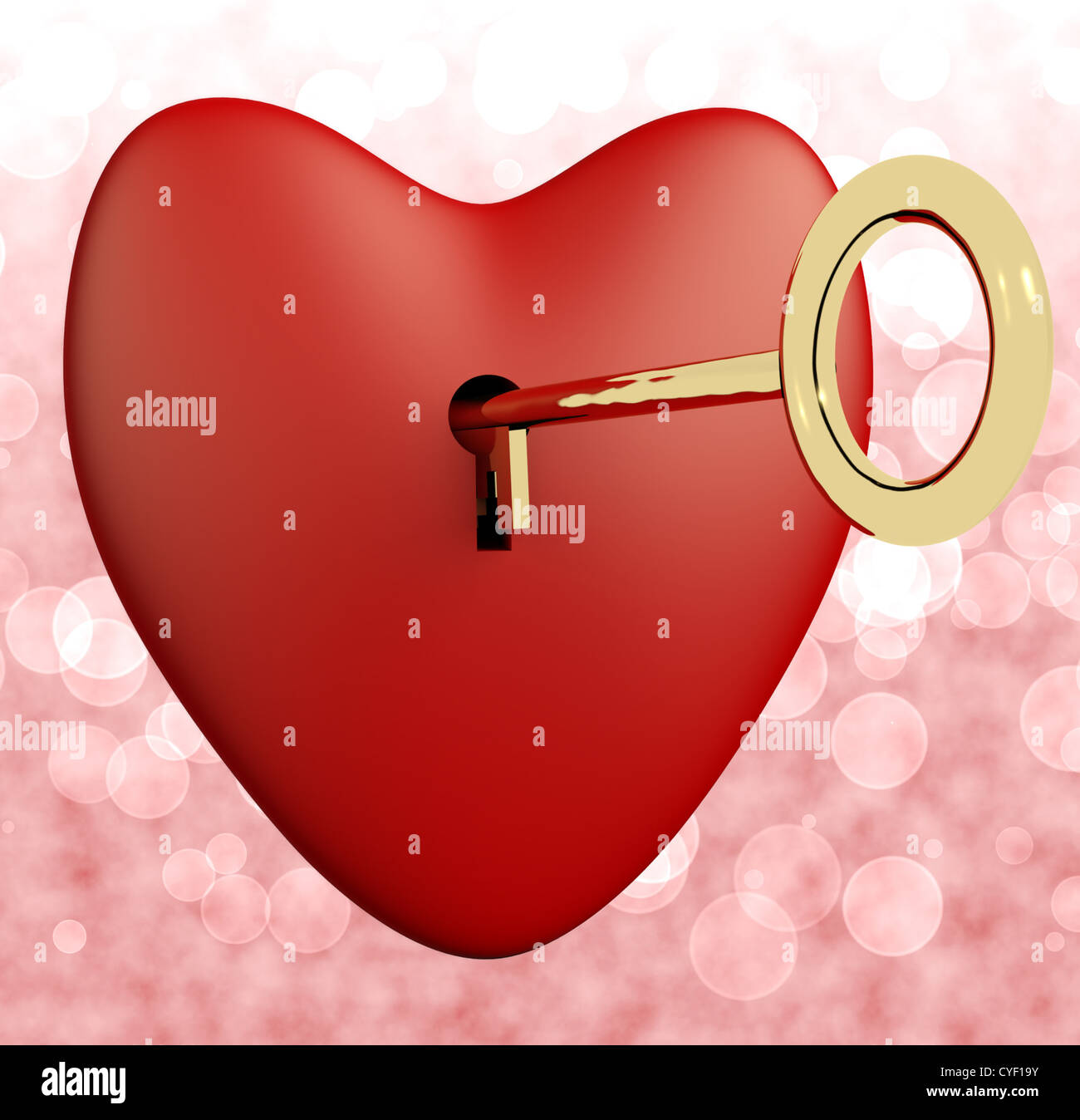 Cuore con chiave e Rosa sfondo bokeh di fondo che mostra l'amore romantico e San Valentino Foto Stock