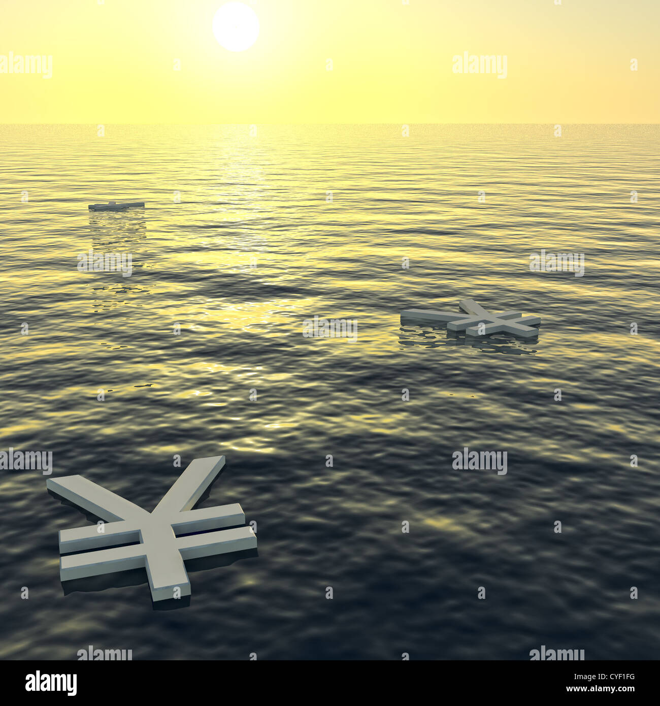 Yen fluttuante per un tramonto che mostra la ricchezza di denaro o di guadagnare Foto Stock