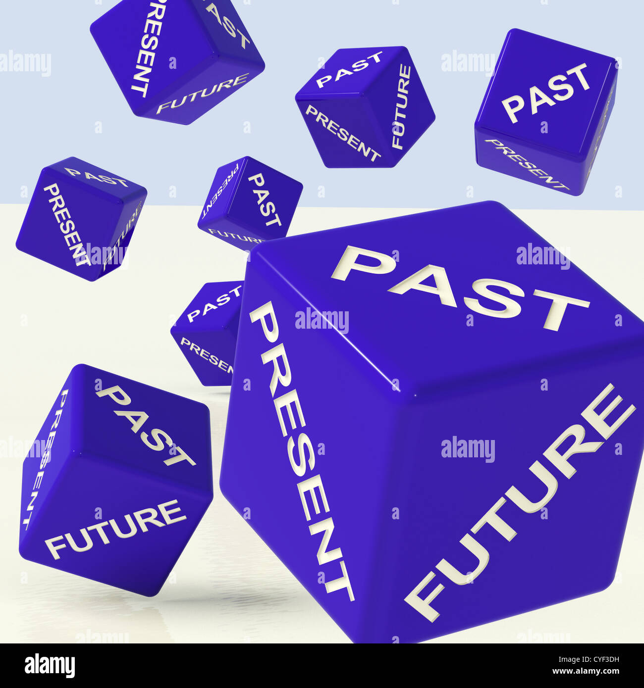 Passato Presente Futuro dadi blu che mostra l'evoluzione e destino Foto Stock