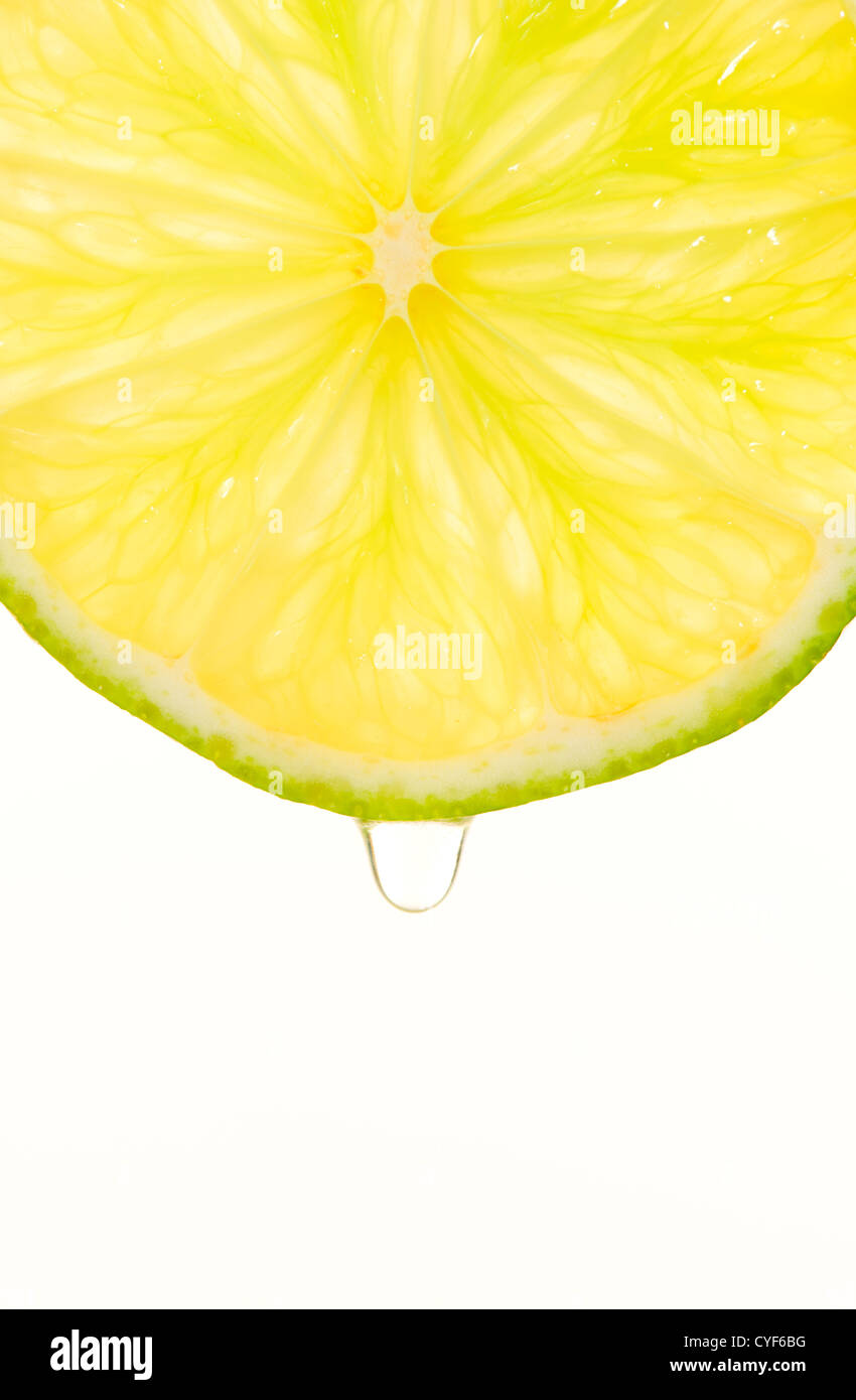 Fettina di limone e succosa goccia, bianco sfondo isolato. Foto Stock