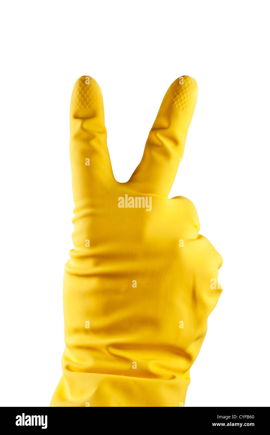 Giallo Guanto in gomma con segno di vittoria Foto Stock