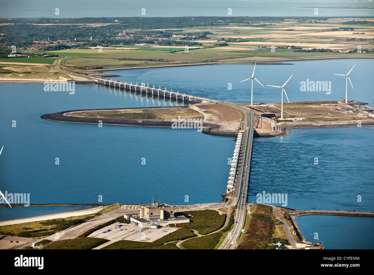 I Paesi Bassi, Kamperland, Oosterschelde Flood Barrier. Parte delle opere del Delta. Antenna. Foto Stock
