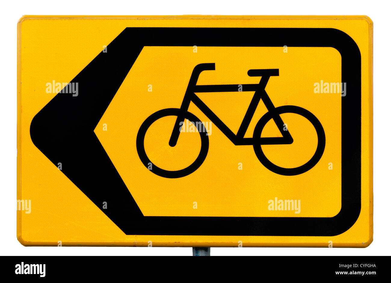 Gialla rettangolare cartello stradale per i ciclisti che indica una deviazione del traffico Foto Stock