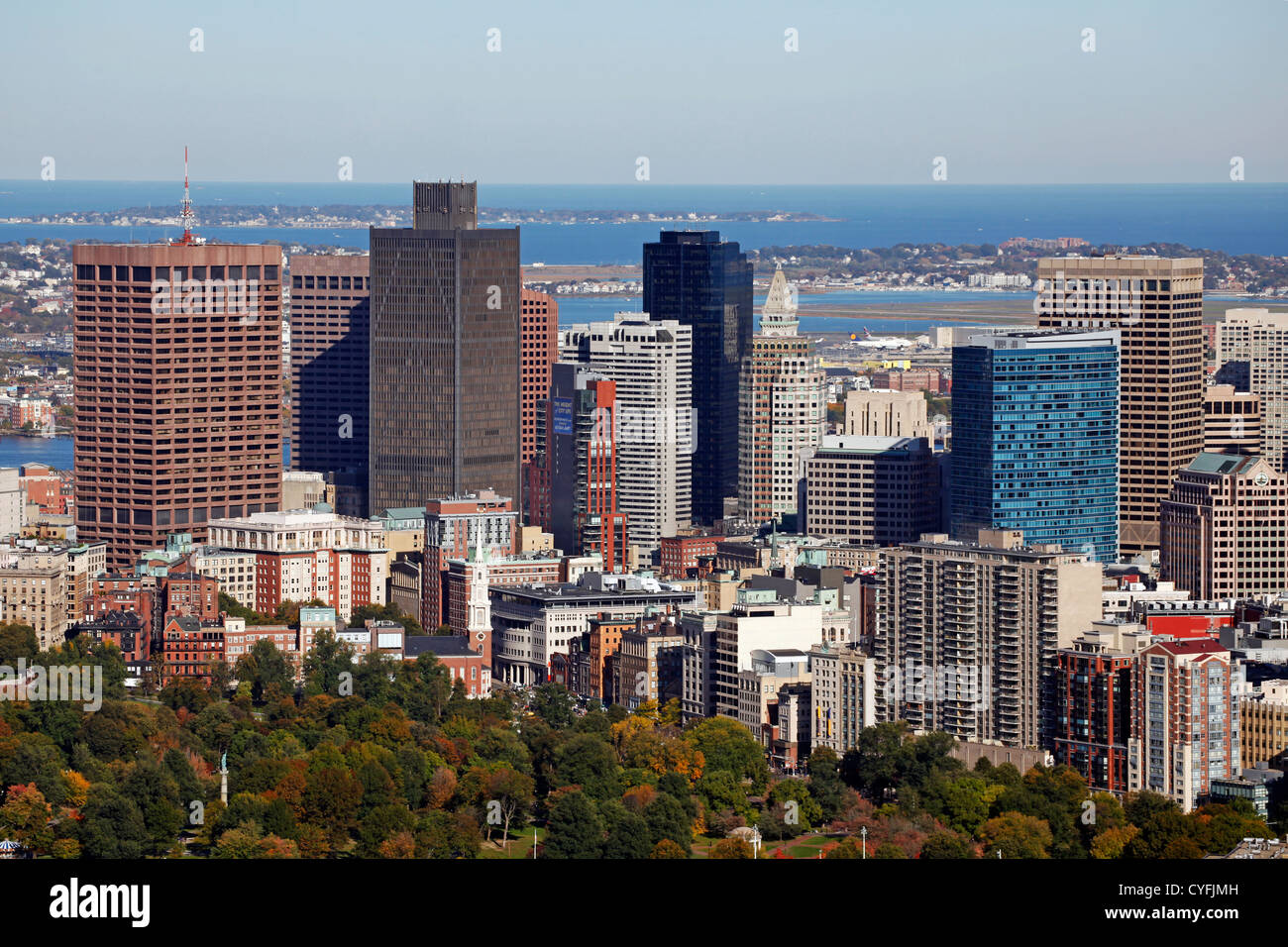 Antenna vista generale dello skyline di Boston, Boston, Massachusetts, America Foto Stock