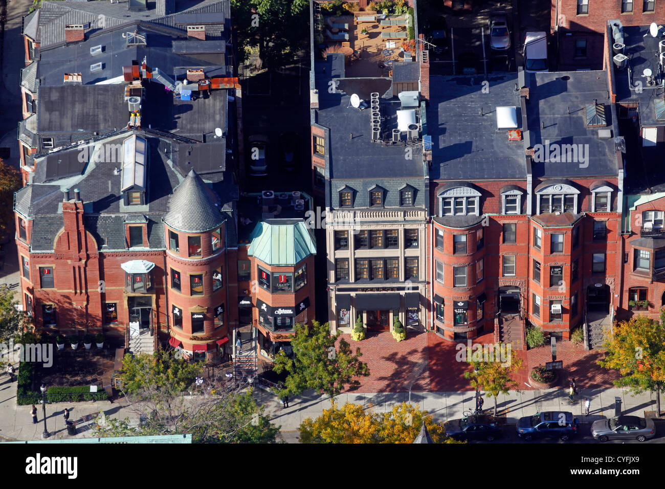 Vista aerea di Boston a schiera case di città, Boston, Massachusetts, America Foto Stock