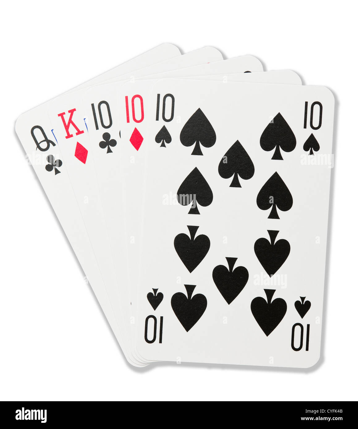 Carte da gioco, tre di un genere nel poker, sfondo bianco. Foto Stock