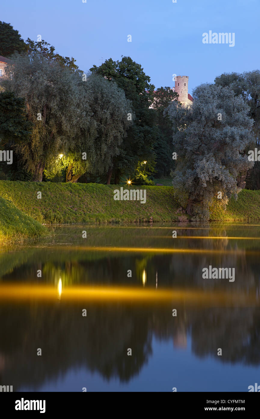 Parco con laghetto nella vecchia città europea. Tallinn, Estonia Foto Stock