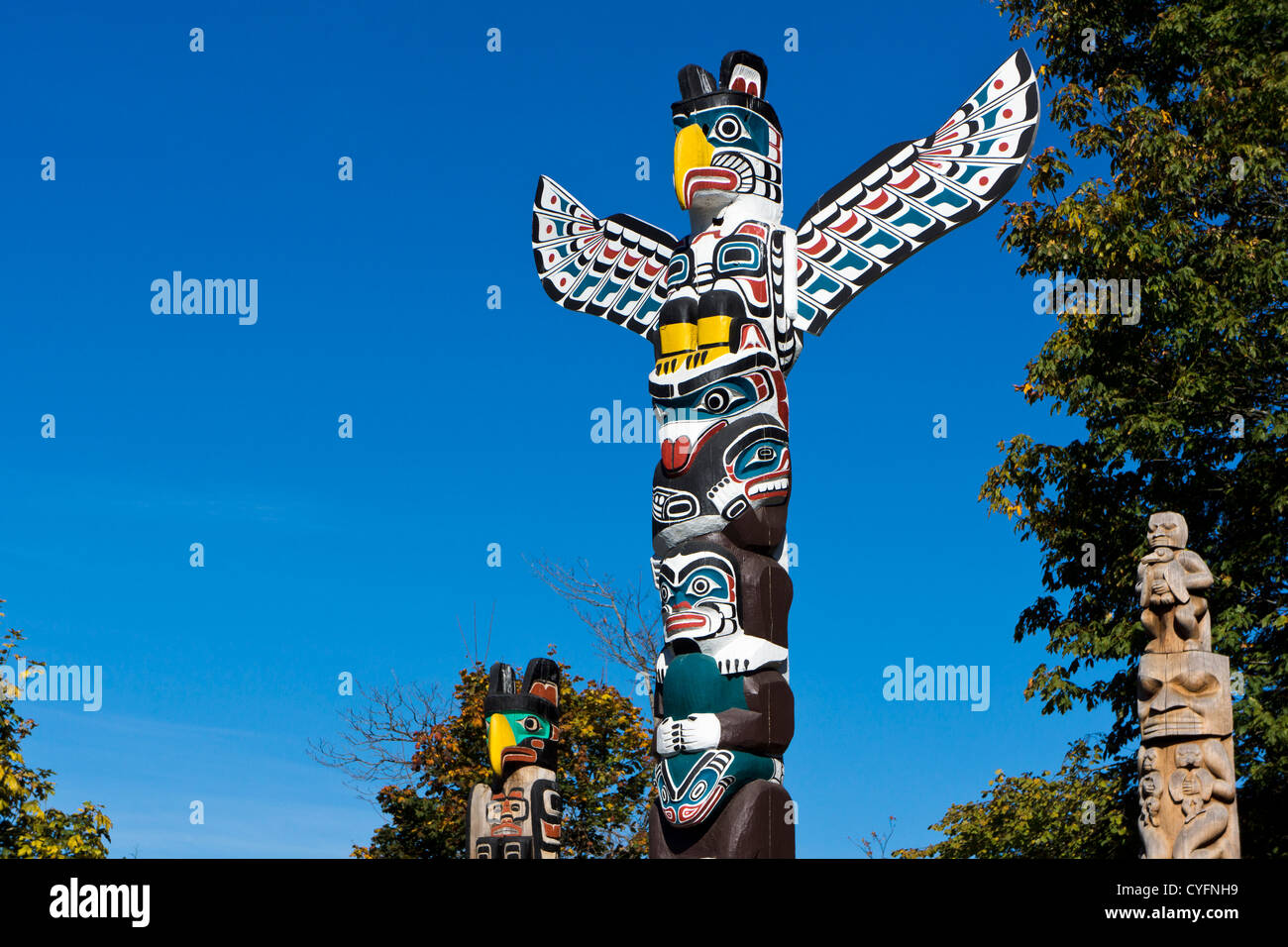 Totem Poles a Stanley Park. Vancouver, BC, Canada. Foto Stock
