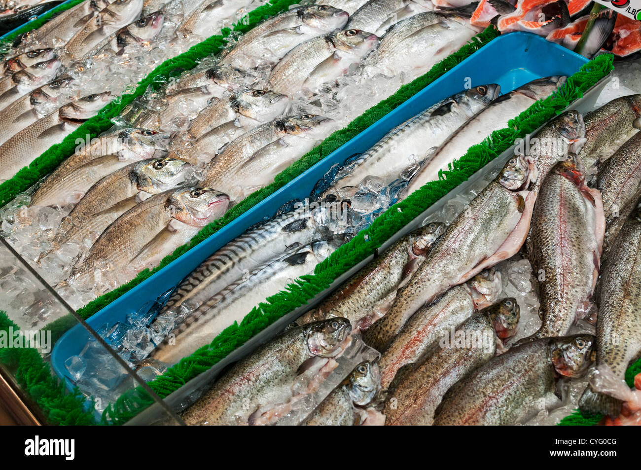 Parecchie varietà di freschi o congelati in precedenza il pesce per la vendita, Granville Island il Mercato Pubblico, Vancouver, Canada. Foto Stock