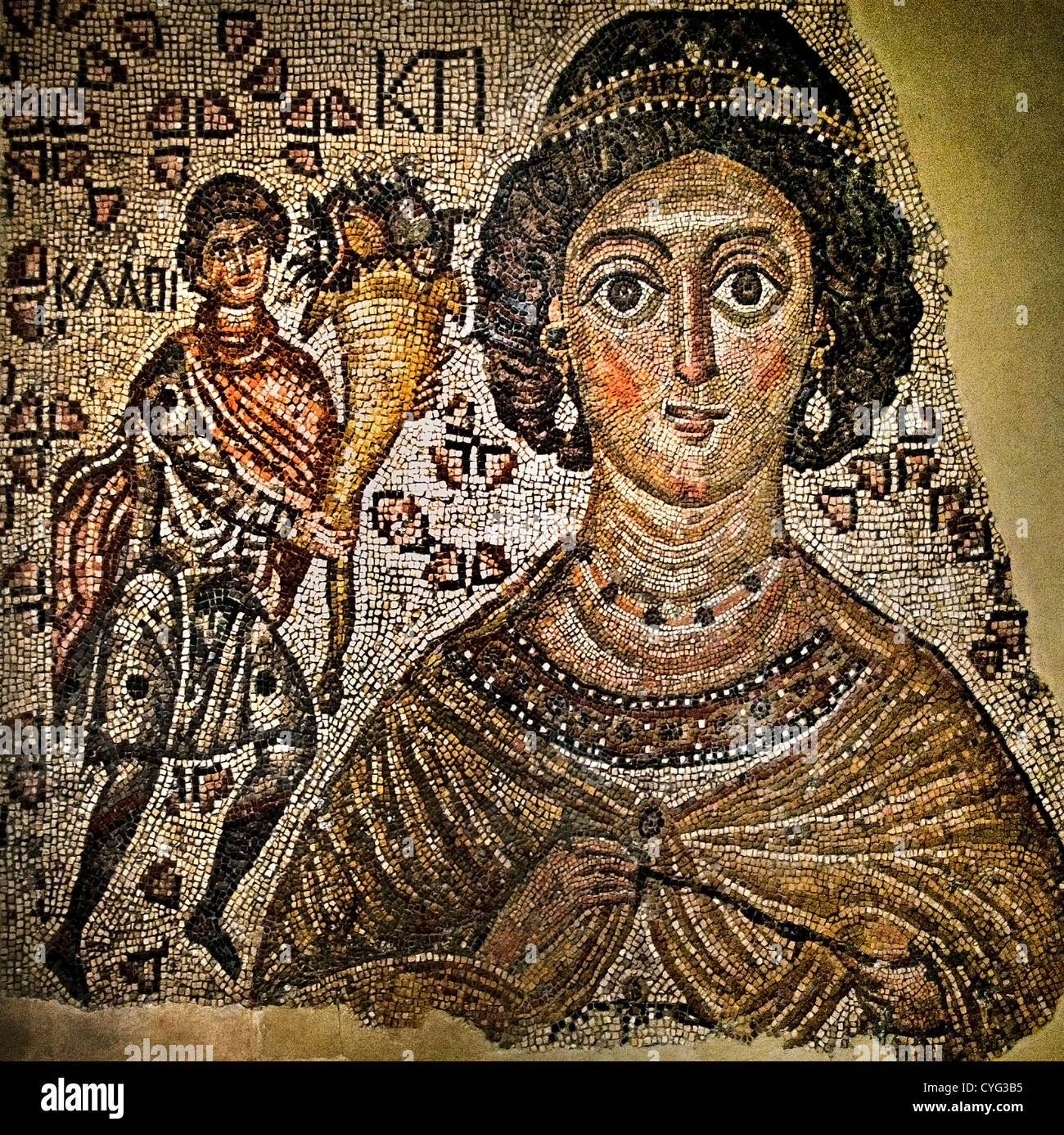 Frammento di un pavimento a mosaico con una personificazione della Ktisis 500-550 Bizantina vetro marmo 150 x 199 cm mosaici Foto Stock