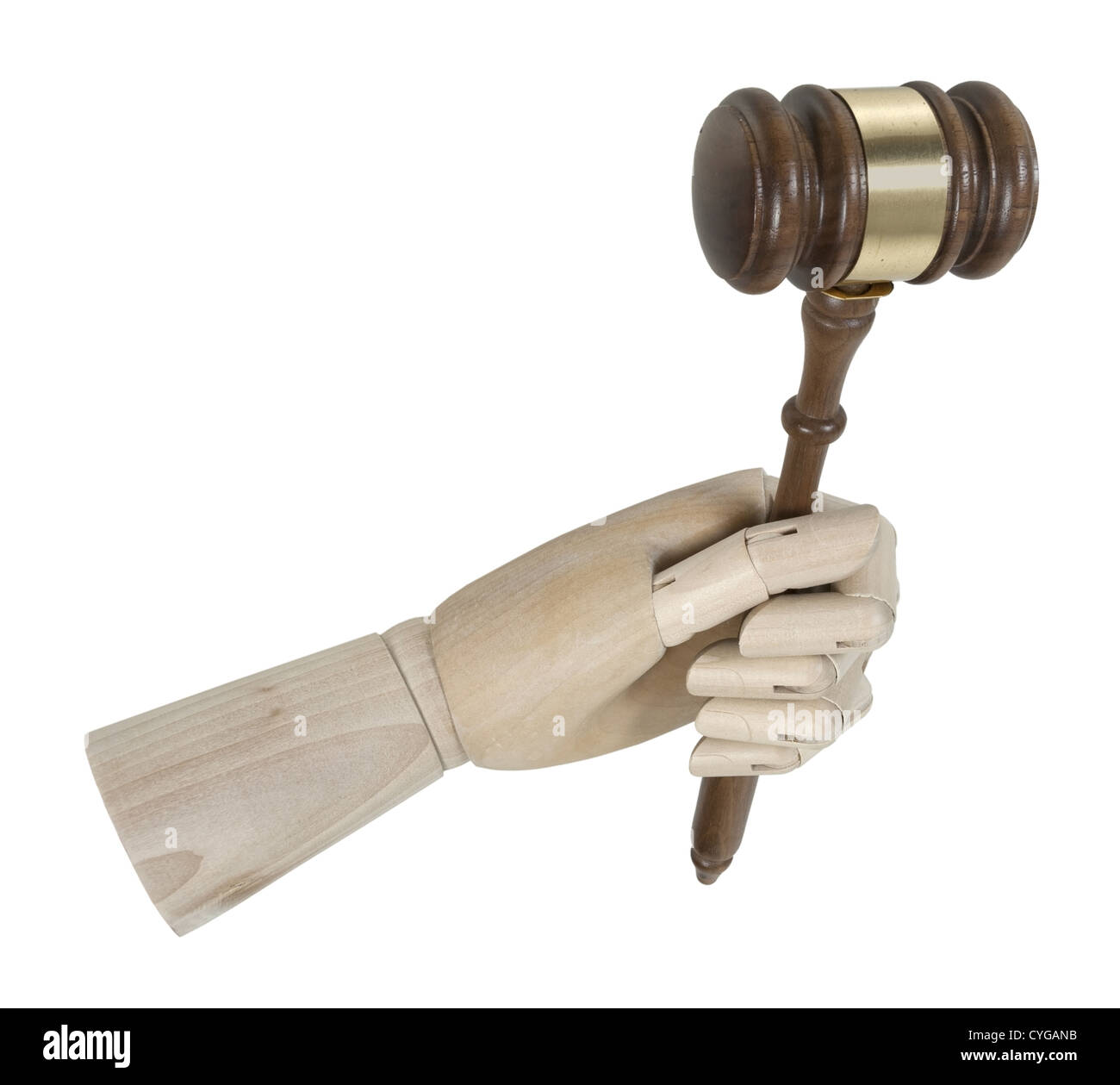 A mano in legno tenendo un cerimoniale martello di legno - percorso incluso Foto Stock