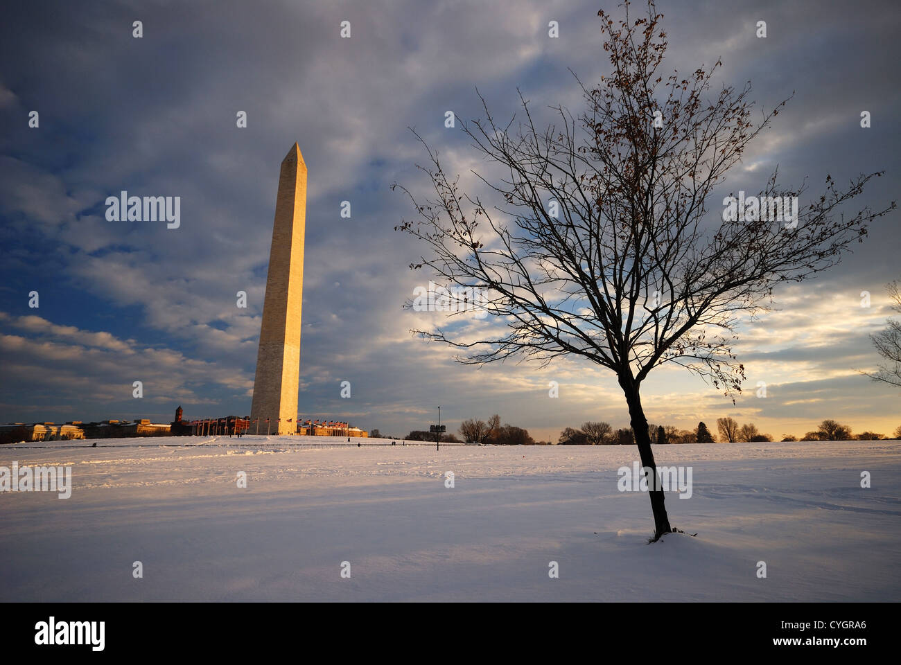 Il Monumento a Washington a Washington DC in snow Foto Stock