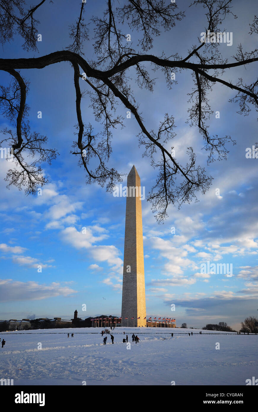 Il Monumento a Washington a Washington DC in inverno con neve Foto Stock