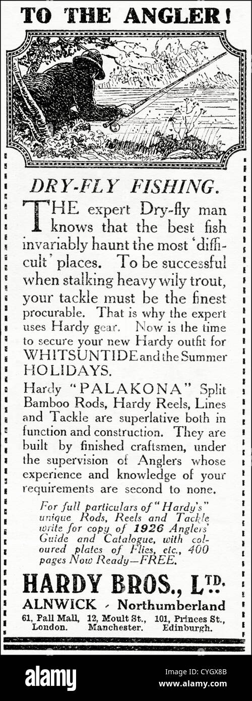 Originale vintage 1926 annuncio stampa dalla rivista inglese pubblicità pesca da Hardy's di Alnwick Northumberland England Regno Unito Foto Stock