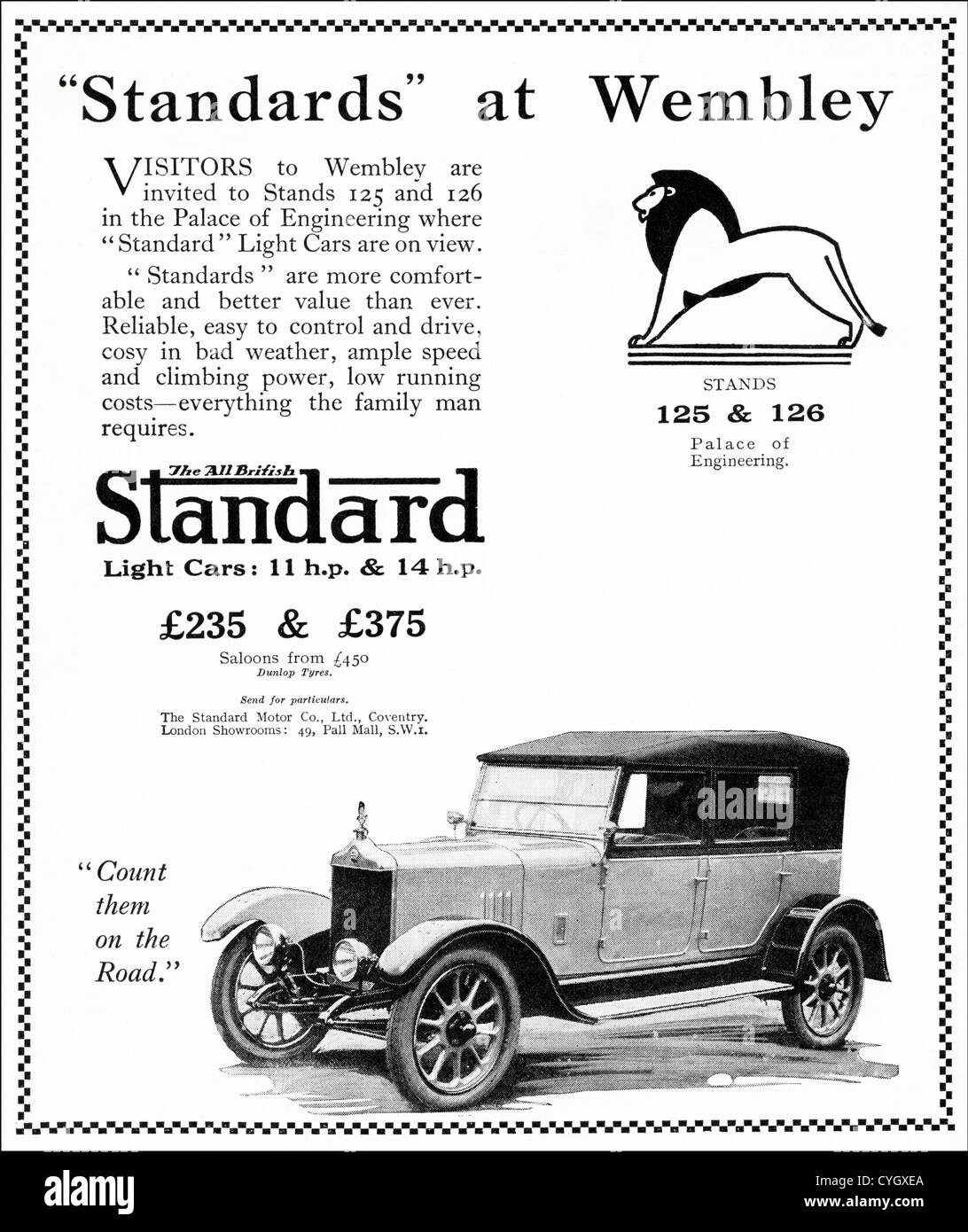 Originale di 1920s vintage annuncio stampa dalla rivista inglese Standard pubblicitari 11 & 14 h.p. carrozze salone fabbricati a Coventry Inghilterra REGNO UNITO Foto Stock