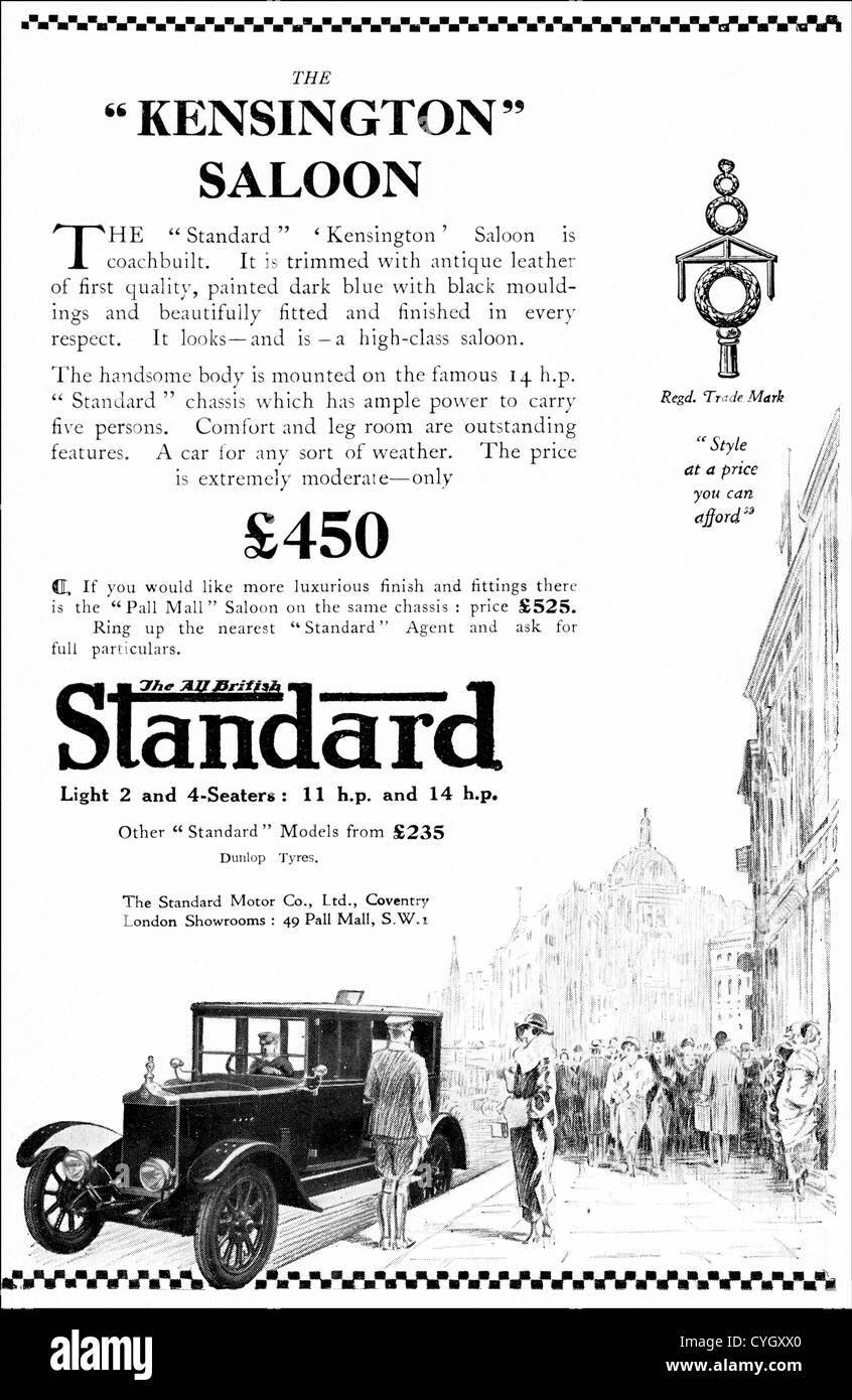 Originale di 1920s vintage annuncio stampa dalla rivista inglese Standard pubblicitari 11 & 14 h.p. carrozze salone fabbricati a Coventry Inghilterra REGNO UNITO Foto Stock