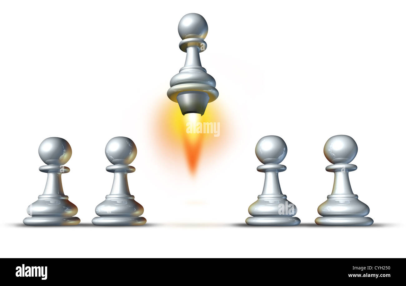 Individualità e il successo con un gruppo di pedine bianche e un organo speciale della squadra salendo dalla folla con un motore a razzo verso l'alto di sabbiatura con fiamme su uno sfondo bianco. Foto Stock