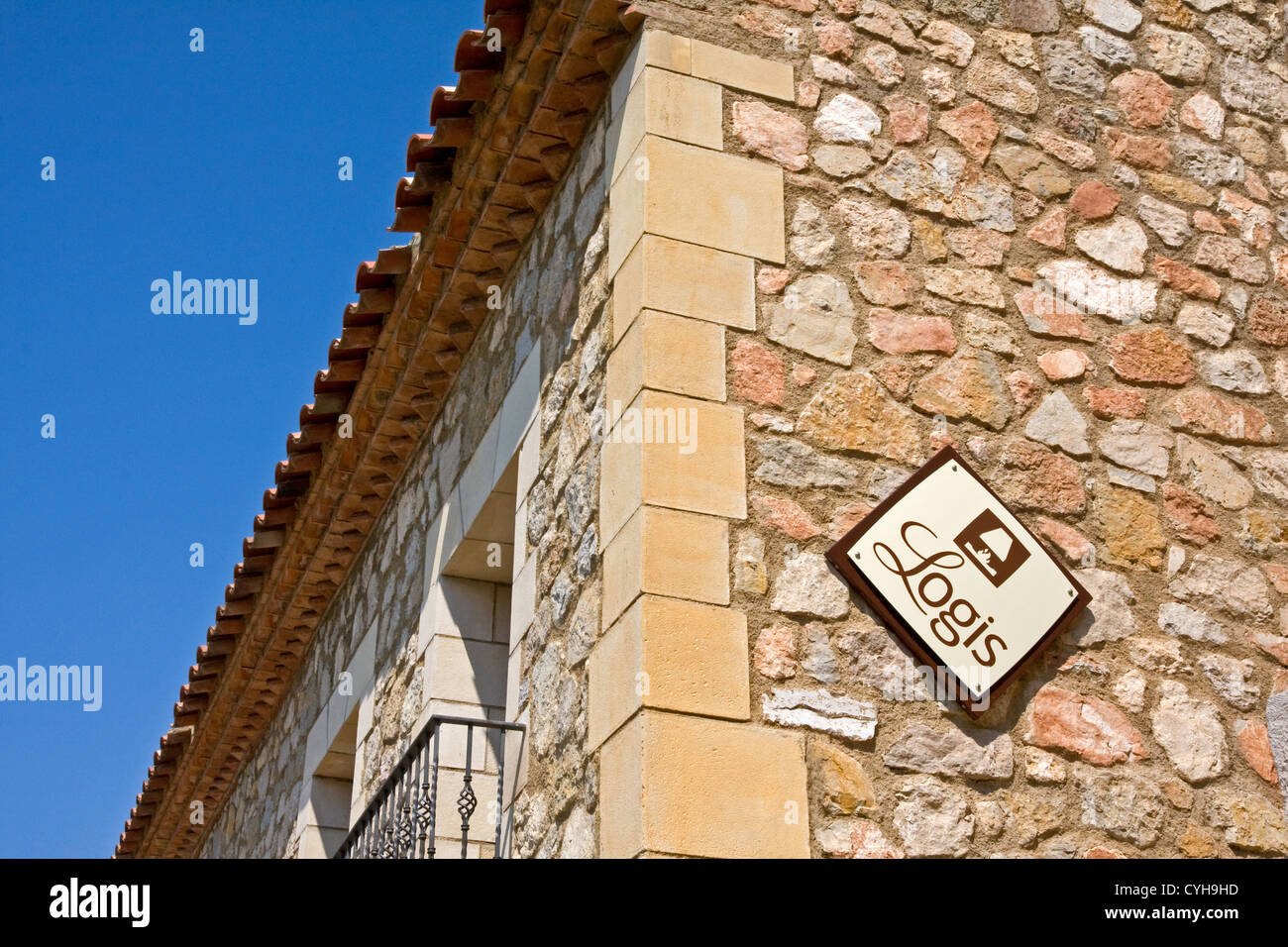 Logis segno sul lato dell'hotel a Siurana, Catalunya, Spagna Foto Stock