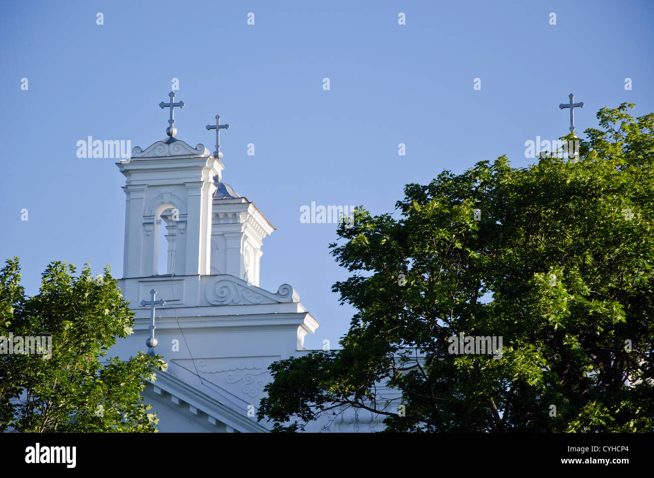 Chiesa di torri e croce visibile attraverso i rami degli alberi sullo sfondo del cielo blu. Religiosi vista cattolica. Foto Stock